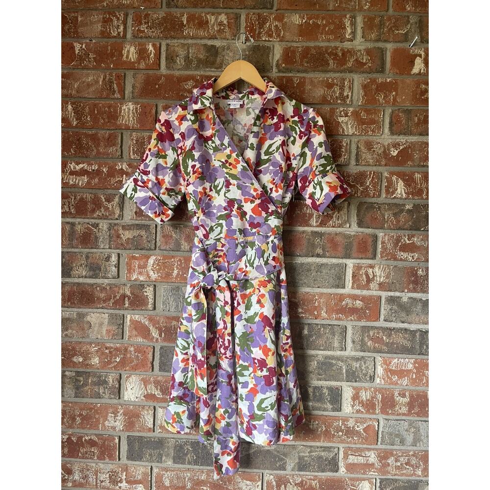 Vintage JG HOOK Floral Watercolor 100% Linen Faux Wrap A-Line Shirt Dress 4